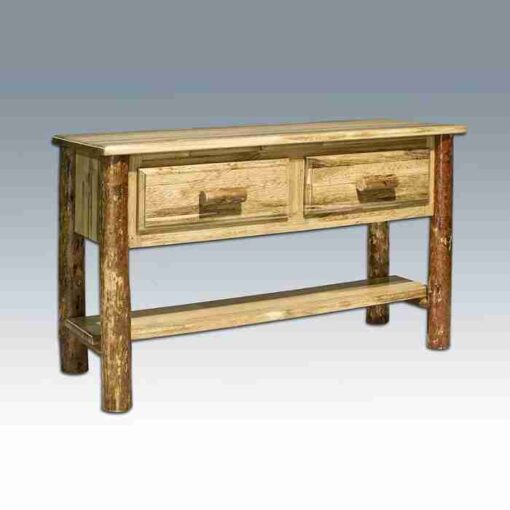 Amish "glacier country" pine log sofa table by montana woodworks