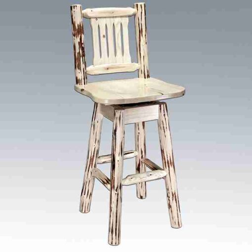 Amish "montana collection" pine log bar stool with back & swivel by montana woodworks