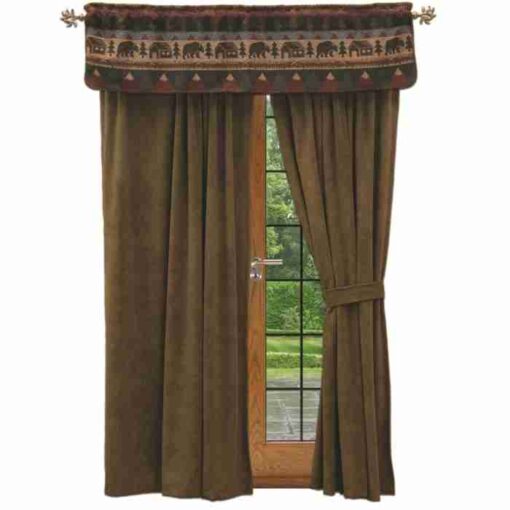 Cabin bear valance by wooded river