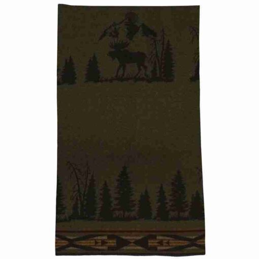 Moose i throw blanket by wooded river