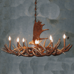 Peak Moose Antler Eagle Over Mule Deer Chandelier - 8 Light