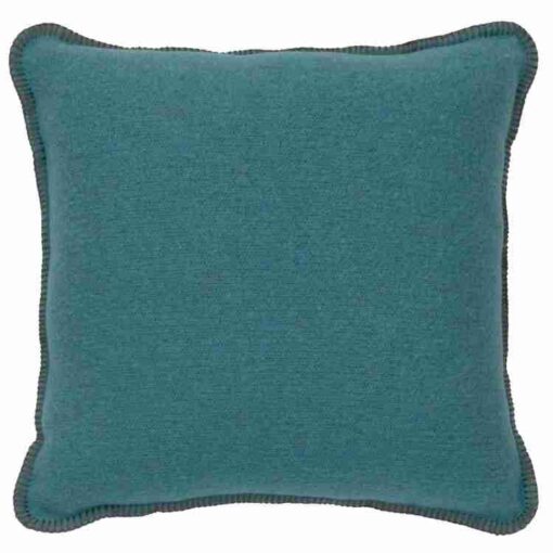 Turquoise decorative pillow by wooded river