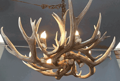 Peak pine cone mule deer antler chandelier 6 light 76