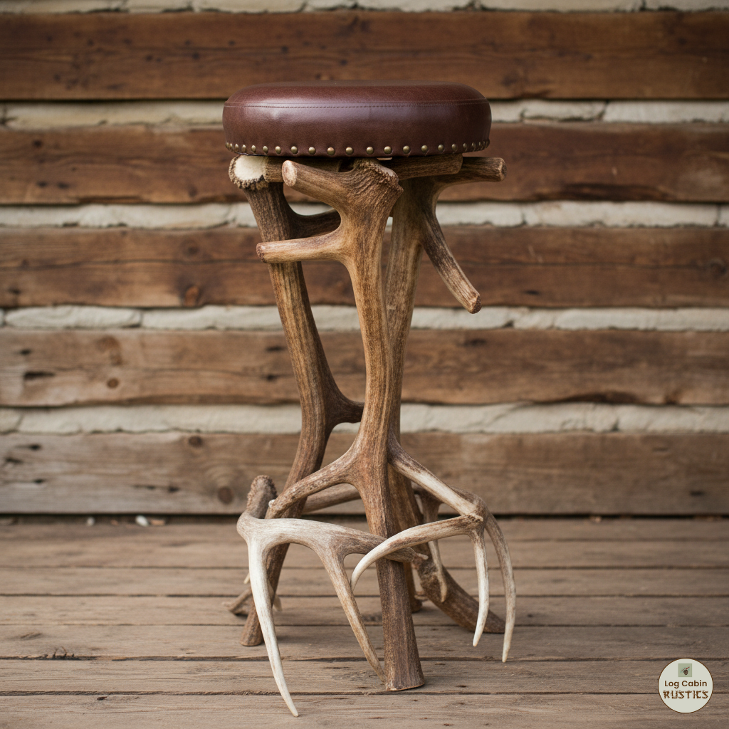Elk Antler Bar Stool - Leather Seat 1 Elk antler bar stool - leather seat