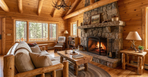 Log cabin living room with knotty pine walls and log furniture.